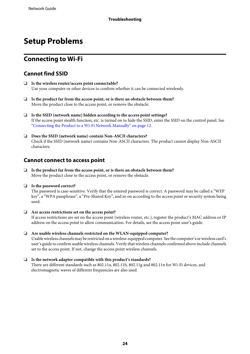 Setup problems, Connecting to wi-fi, Cannot find ssid | Cannot connect to access point | Epson EcoTank ET-4550 User Manual | Page 24 / 35