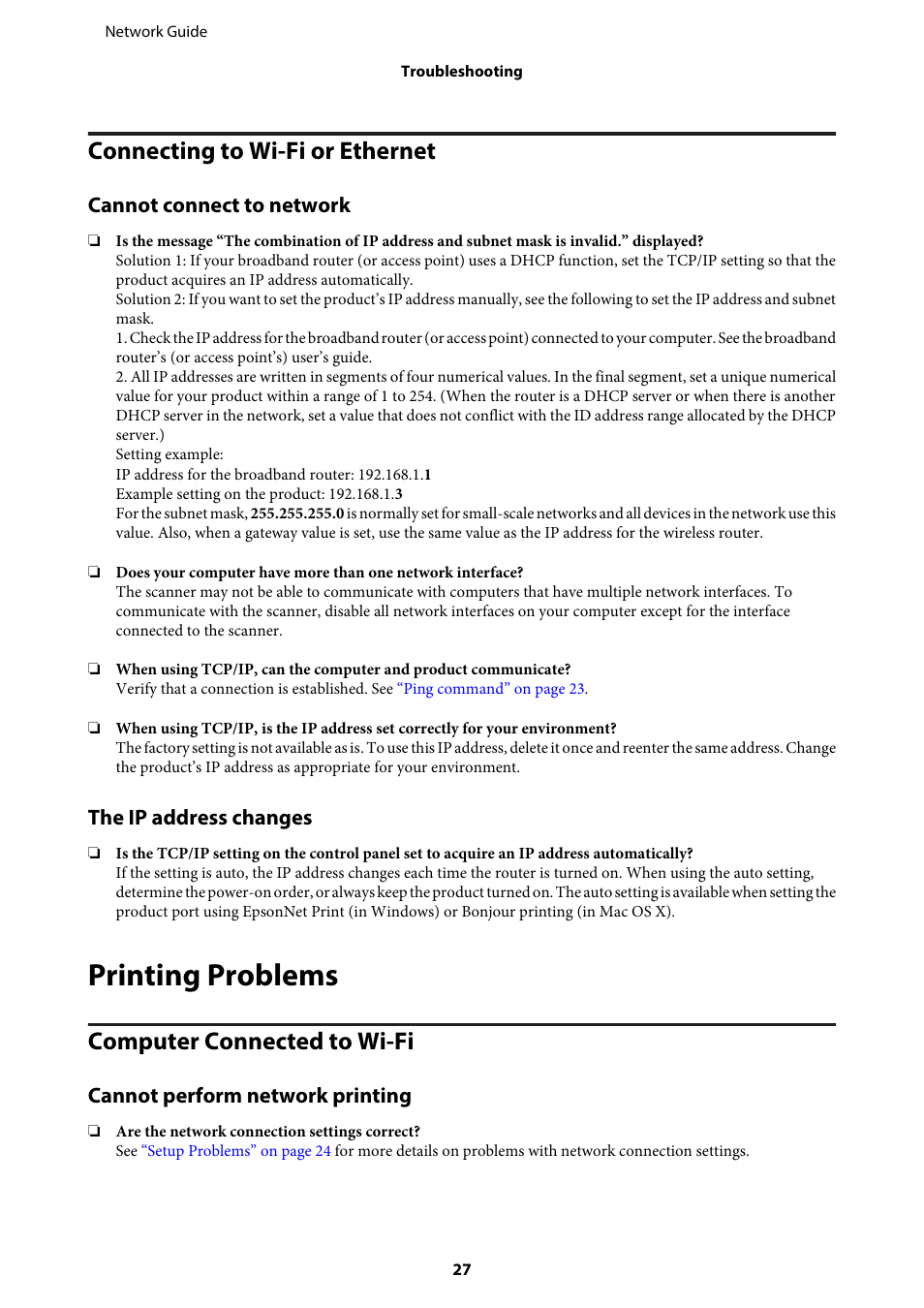 Connecting to wi-fi or ethernet, Cannot connect to network, The ip address changes | Printing problems, Computer connected to wi-fi, Cannot perform network printing | Epson EcoTank ET-4550 User Manual | Page 27 / 35