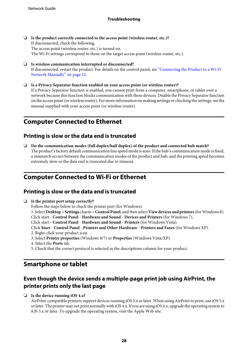 Computer connected to ethernet, Printing is slow or the data end is truncated, Computer connected to wi-fi or ethernet | Smartphone or tablet | Epson EcoTank ET-4550 User Manual | Page 28 / 35