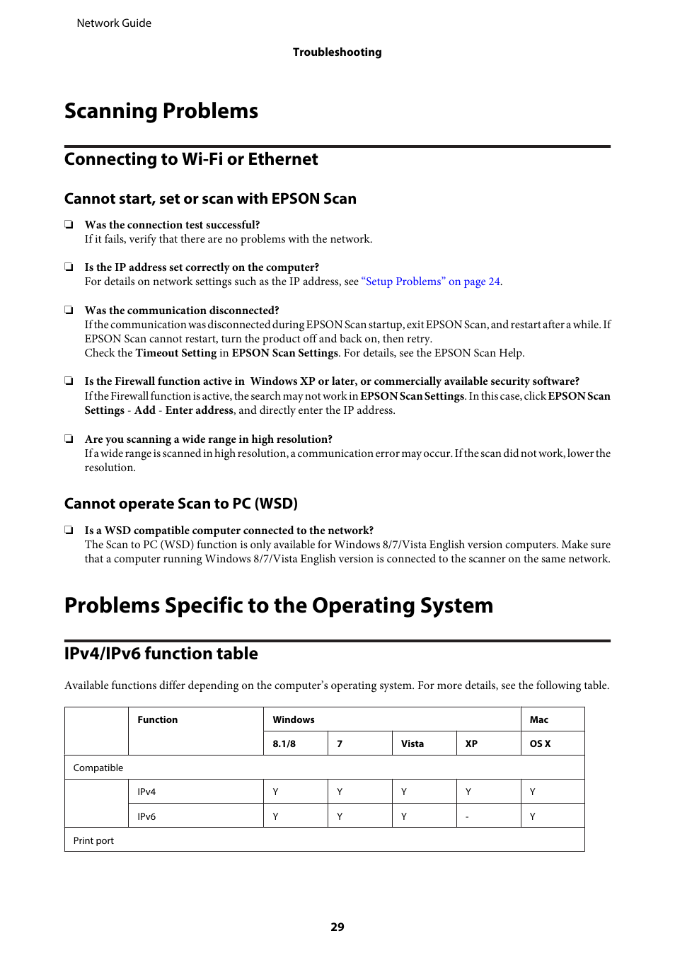 Scanning problems, Connecting to wi-fi or ethernet, Cannot start, set or scan with epson scan | Cannot operate scan to pc (wsd), Problems specific to the operating system, Ipv4/ipv6 function table | Epson EcoTank ET-4550 User Manual | Page 29 / 35
