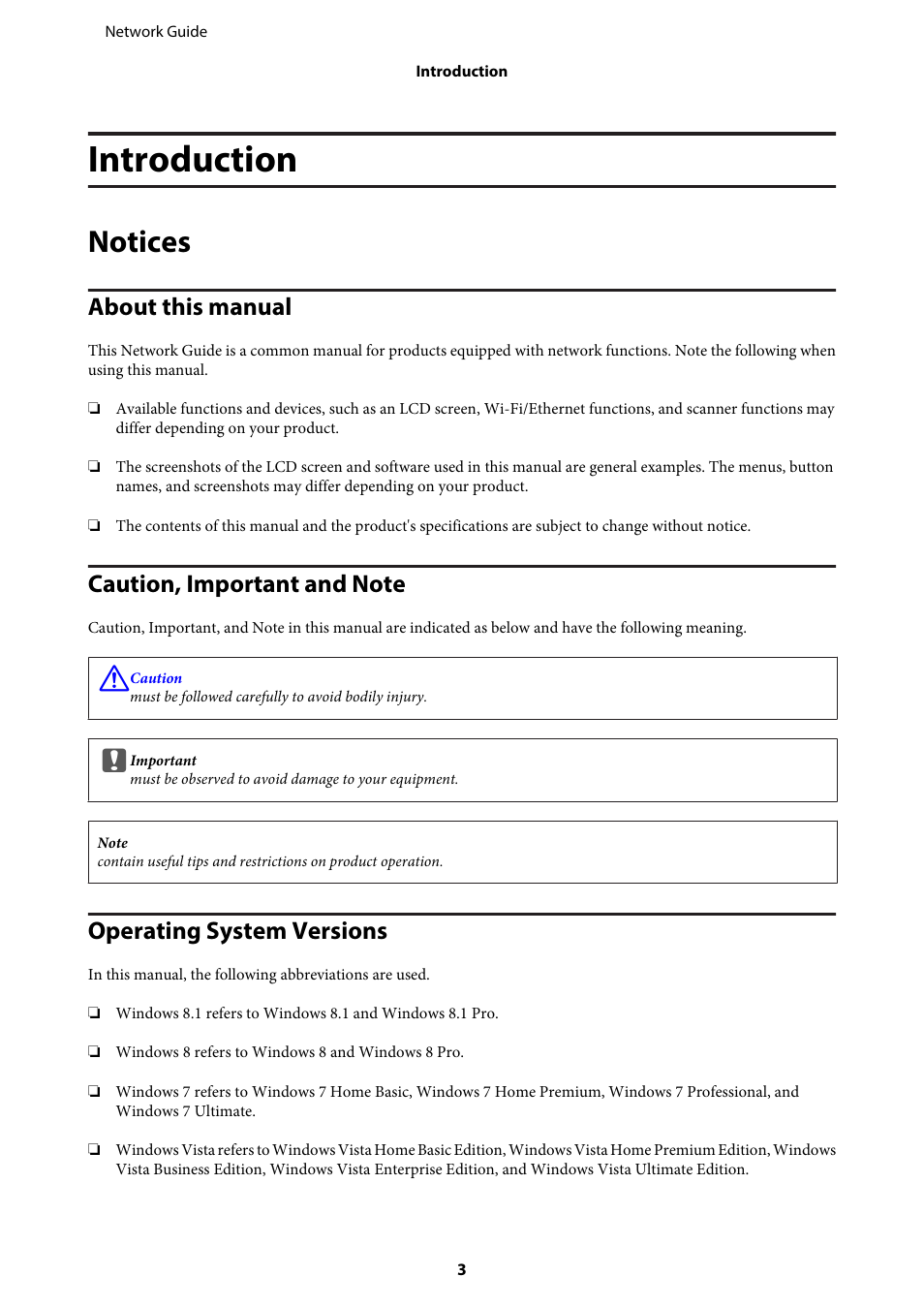 Introduction, Notices, About this manual | Caution, important and note, Operating system versions | Epson EcoTank ET-4550 User Manual | Page 3 / 35
