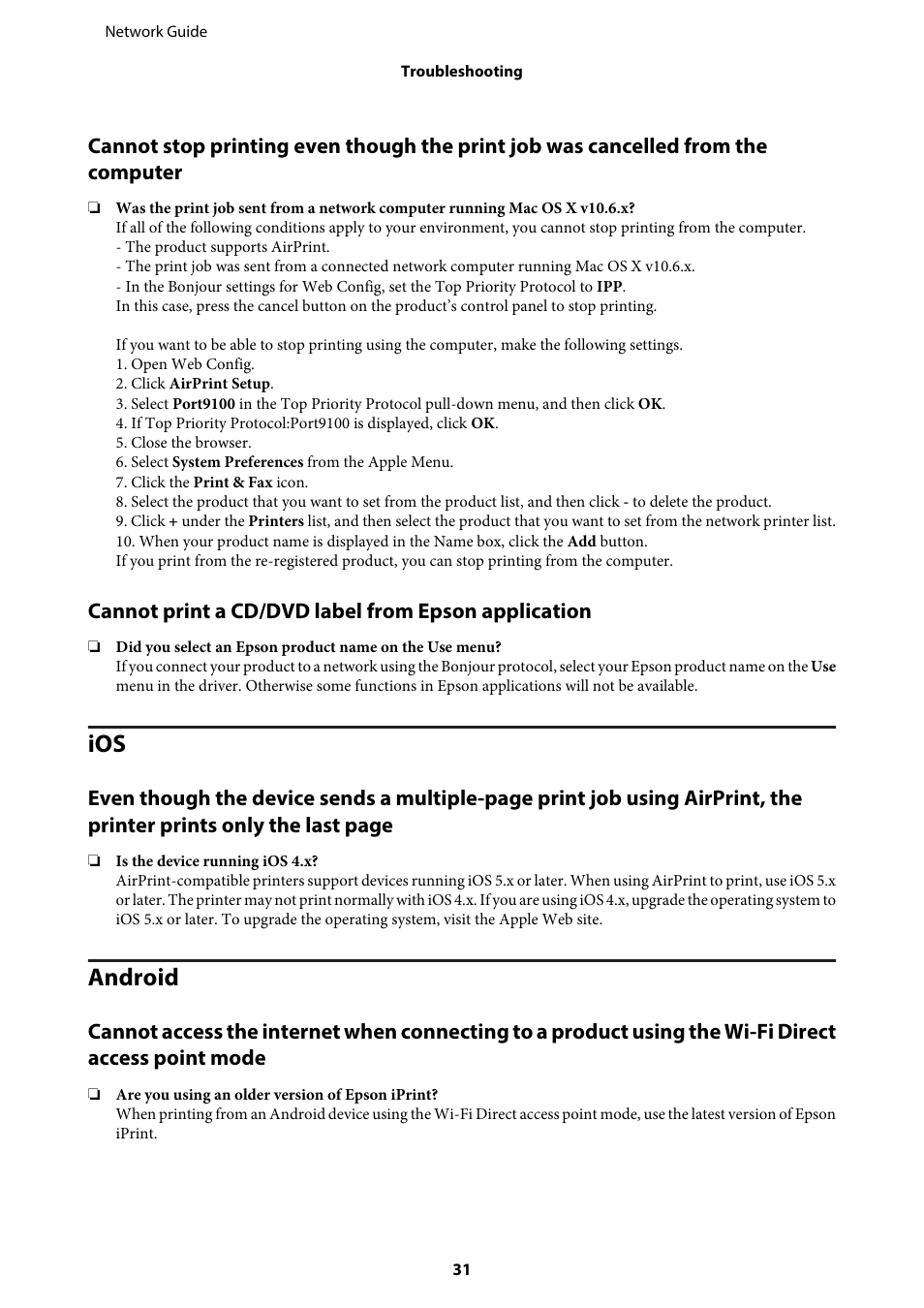 Cannot print a cd/dvd label from epson application, Android, Ios android | Epson EcoTank ET-4550 User Manual | Page 31 / 35