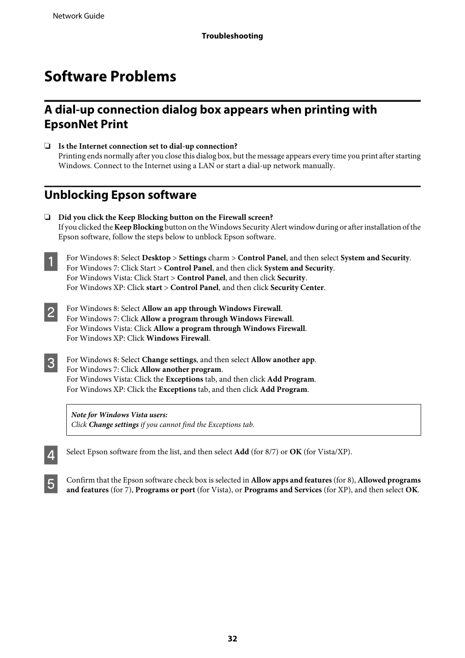 Software problems, Unblocking epson software | Epson EcoTank ET-4550 User Manual | Page 32 / 35