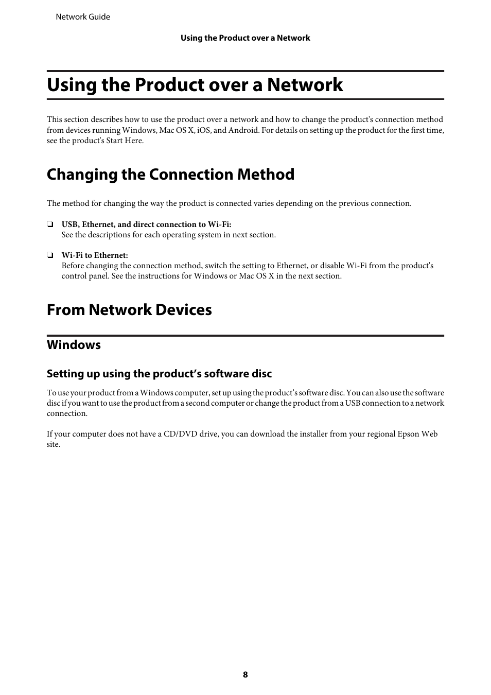 Using the product over a network, Changing the connection method, From network devices | Windows, Setting up using the product’s software disc | Epson EcoTank ET-4550 User Manual | Page 8 / 35
