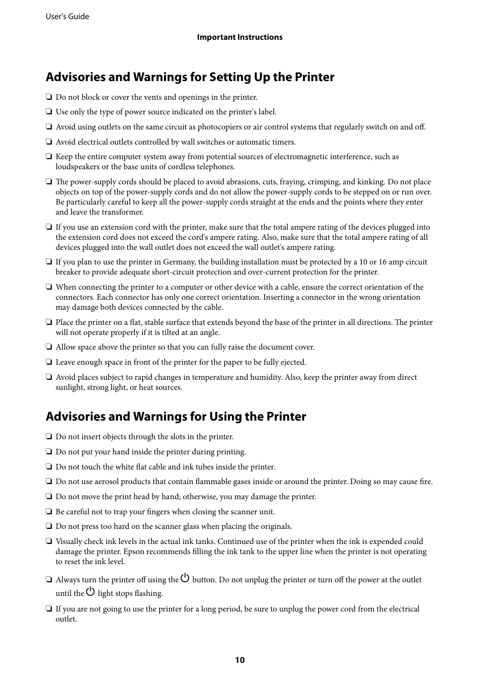 Advisories and warnings for setting up the printer, Advisories and warnings for using the printer | Epson EcoTank ET-4550 User Manual | Page 10 / 145