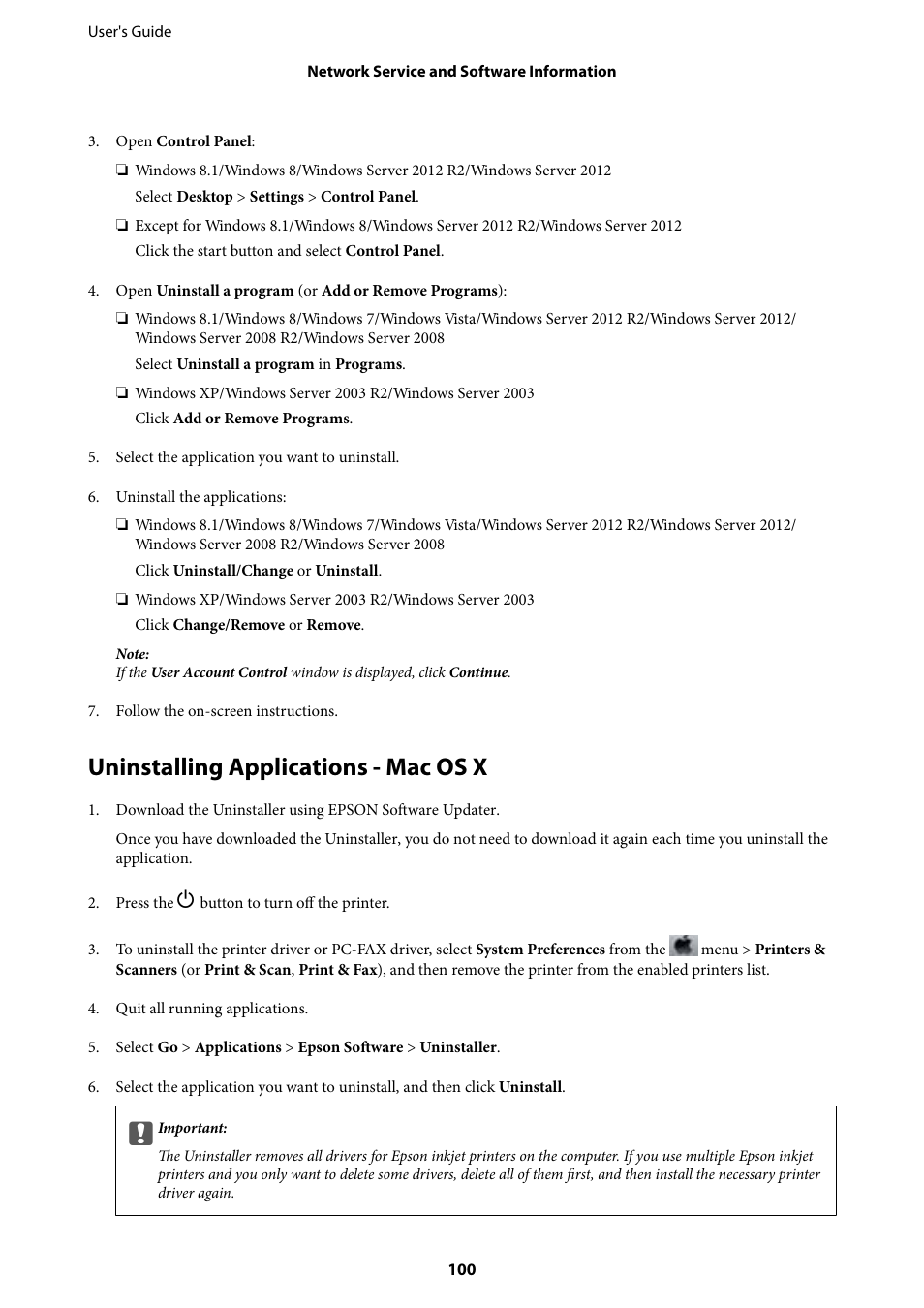 Uninstalling applications - mac os x | Epson EcoTank ET-4550 User Manual | Page 100 / 145