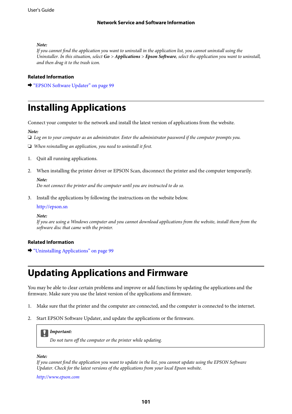 Installing applications, Updating applications and firmware | Epson EcoTank ET-4550 User Manual | Page 101 / 145