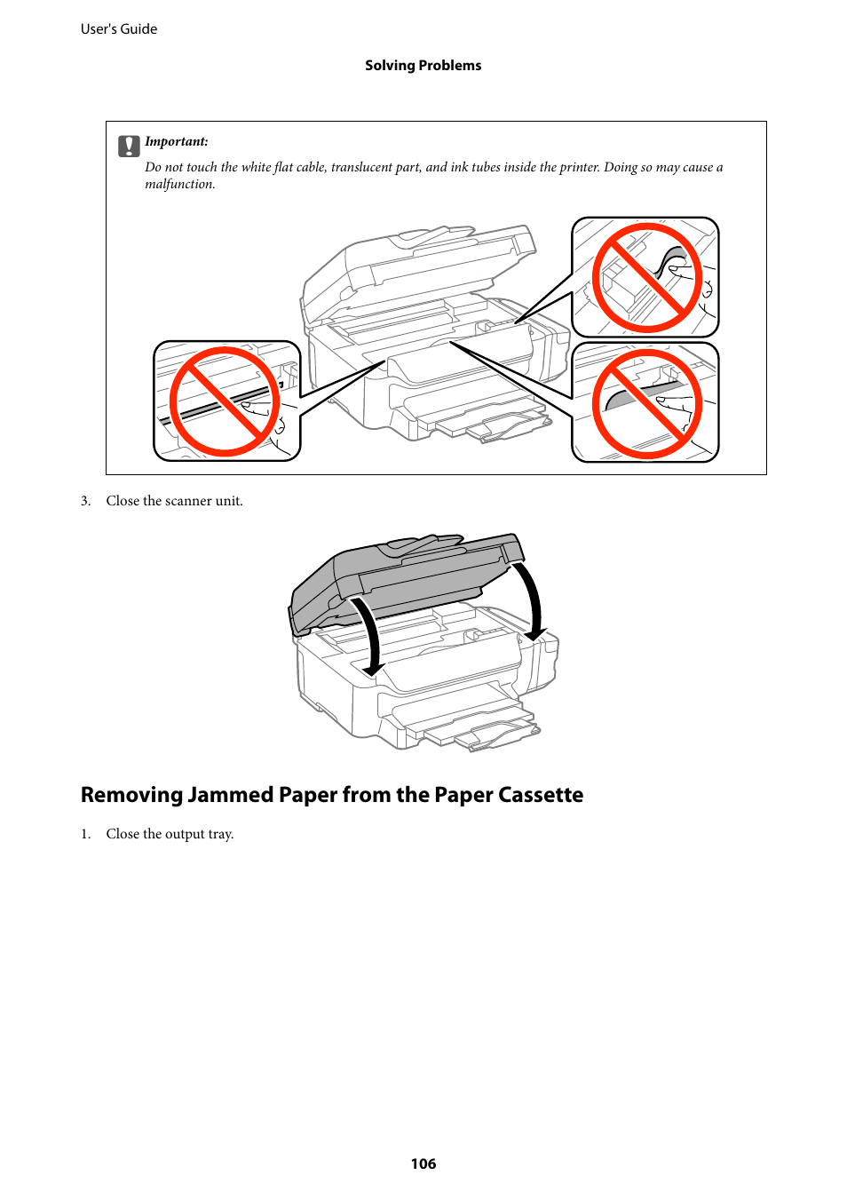 Removing jammed paper from the paper cassette | Epson EcoTank ET-4550 User Manual | Page 106 / 145