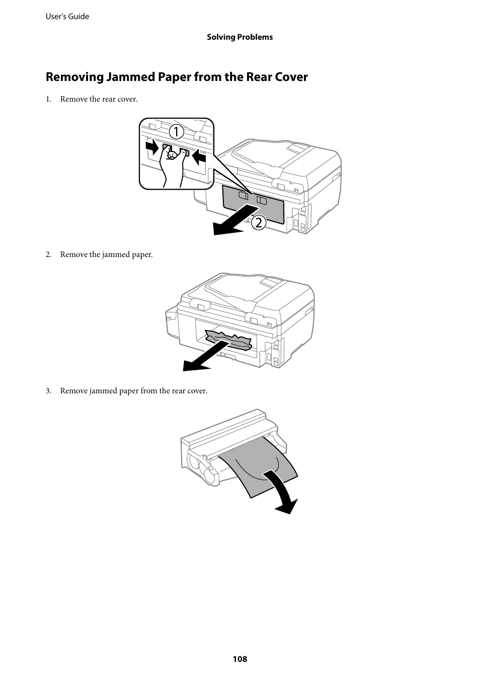 Removing jammed paper from the rear cover, Removing jammed paper from the rear cover. 108 | Epson EcoTank ET-4550 User Manual | Page 108 / 145