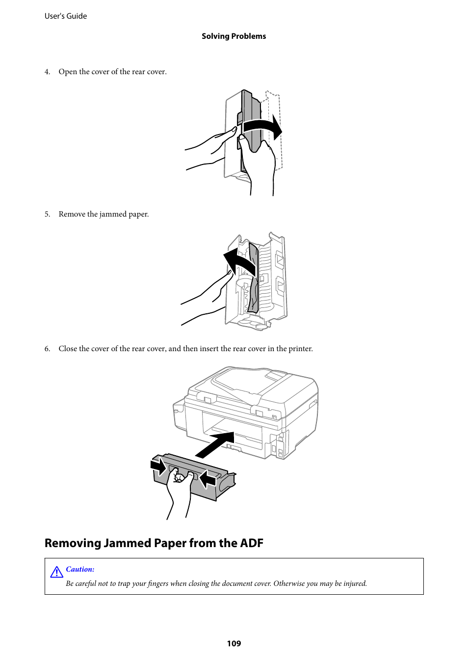 Removing jammed paper from the adf | Epson EcoTank ET-4550 User Manual | Page 109 / 145