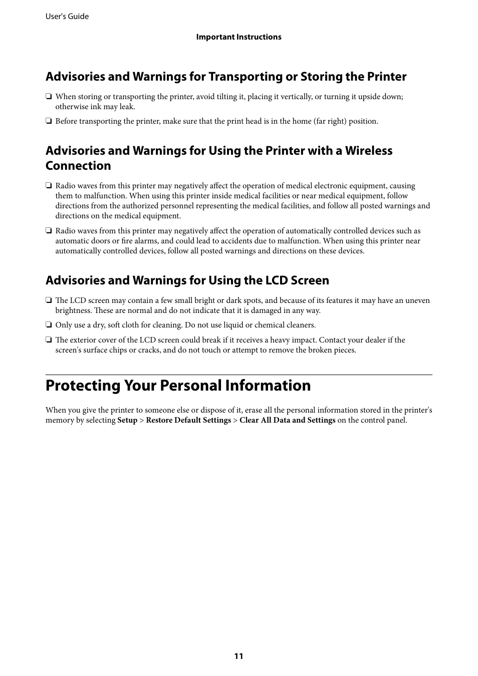 Advisories and warnings for using the lcd screen, Protecting your personal information | Epson EcoTank ET-4550 User Manual | Page 11 / 145