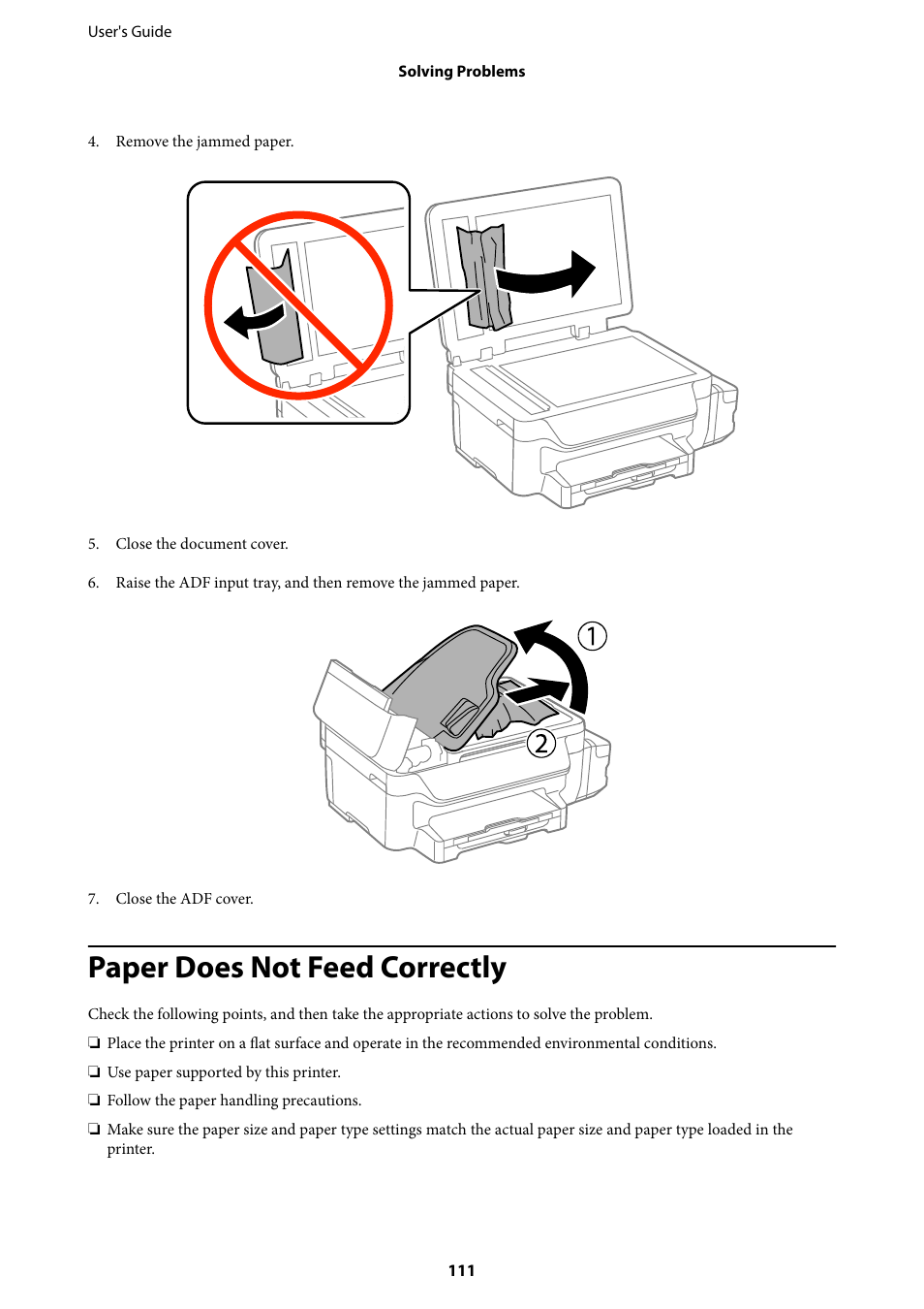 Paper does not feed correctly | Epson EcoTank ET-4550 User Manual | Page 111 / 145