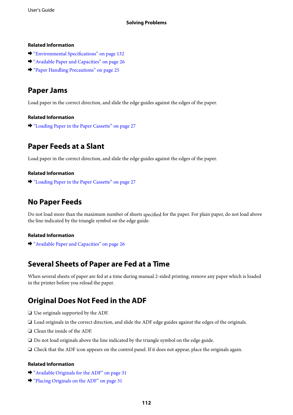 Paper jams, Paper feeds at a slant, No paper feeds | Several sheets of paper are fed at a time, Original does not feed in the adf | Epson EcoTank ET-4550 User Manual | Page 112 / 145