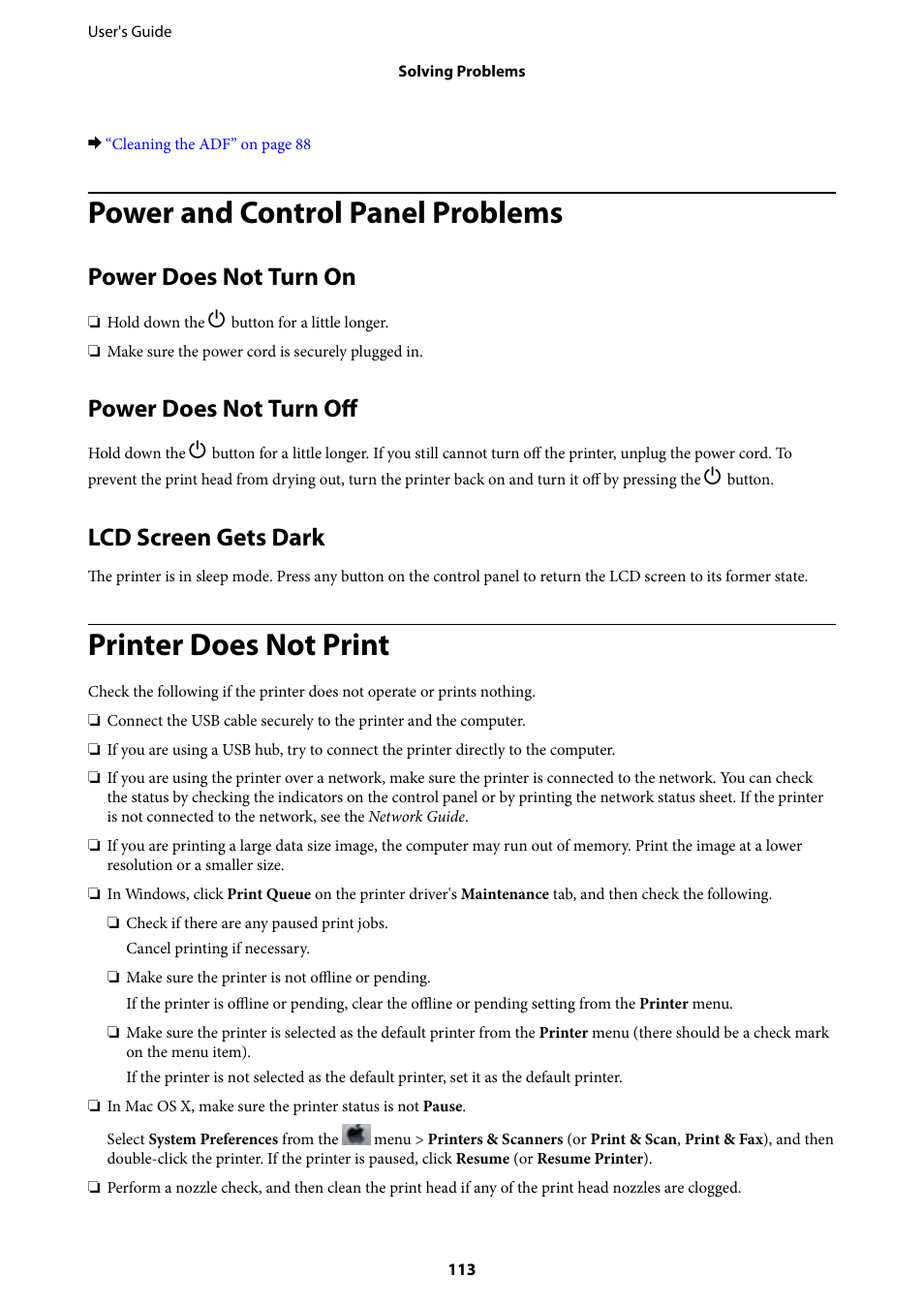Power and control panel problems, Power does not turn on, Power does not turn off | Lcd screen gets dark, Printer does not print | Epson EcoTank ET-4550 User Manual | Page 113 / 145