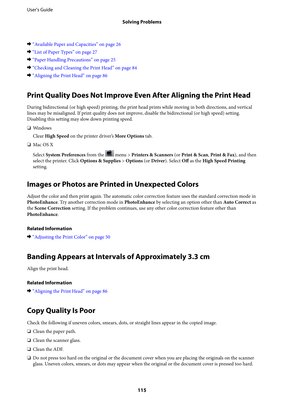 Images or photos are printed in unexpected colors, Copy quality is poor | Epson EcoTank ET-4550 User Manual | Page 115 / 145