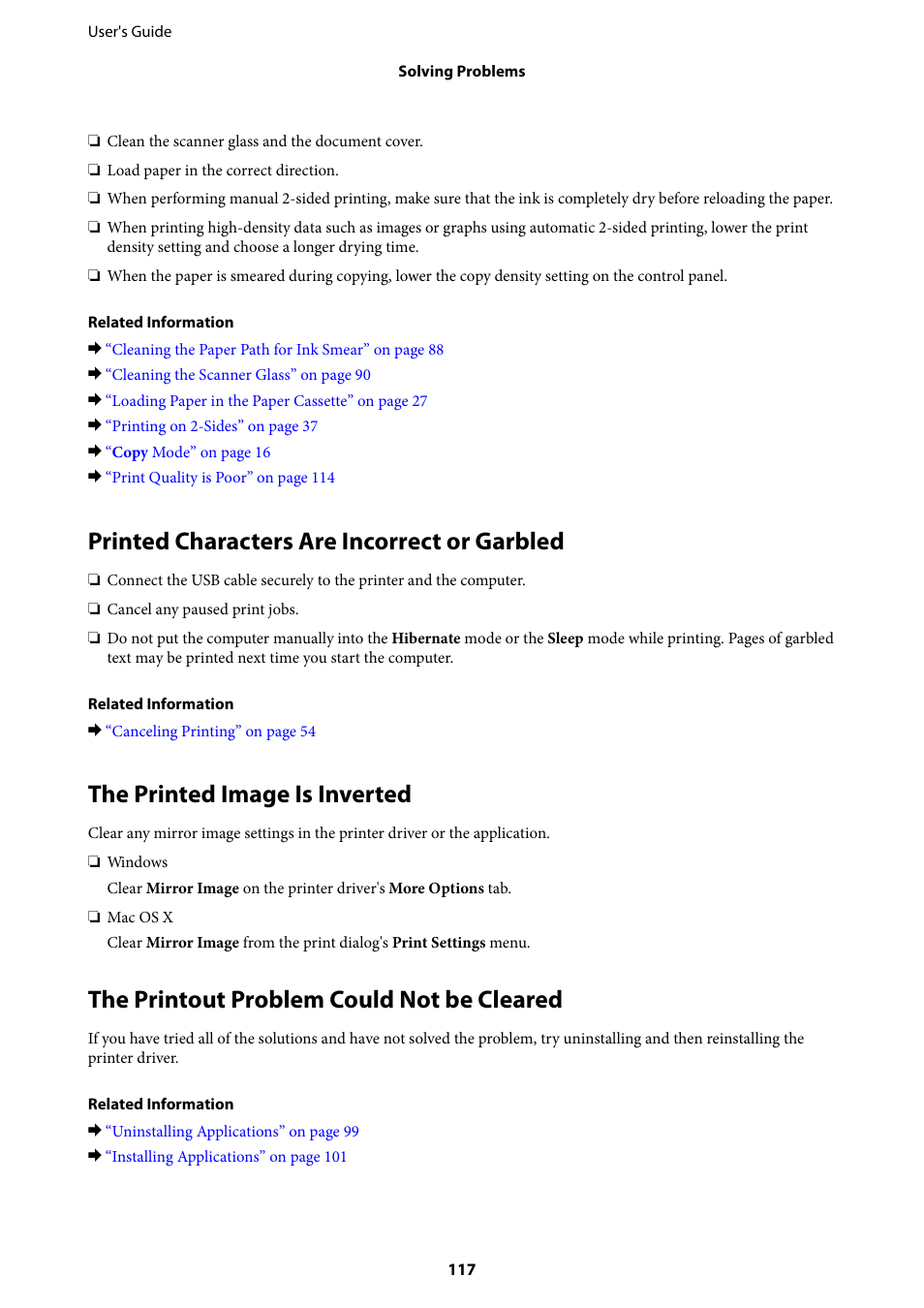 Printed characters are incorrect or garbled, The printed image is inverted, The printout problem could not be cleared | Epson EcoTank ET-4550 User Manual | Page 117 / 145