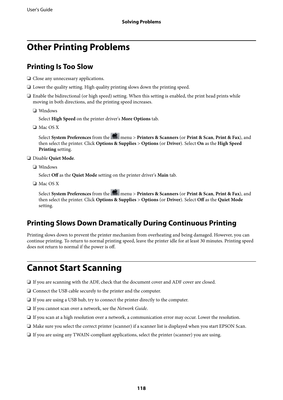 Other printing problems, Printing is too slow, Cannot start scanning | Epson EcoTank ET-4550 User Manual | Page 118 / 145