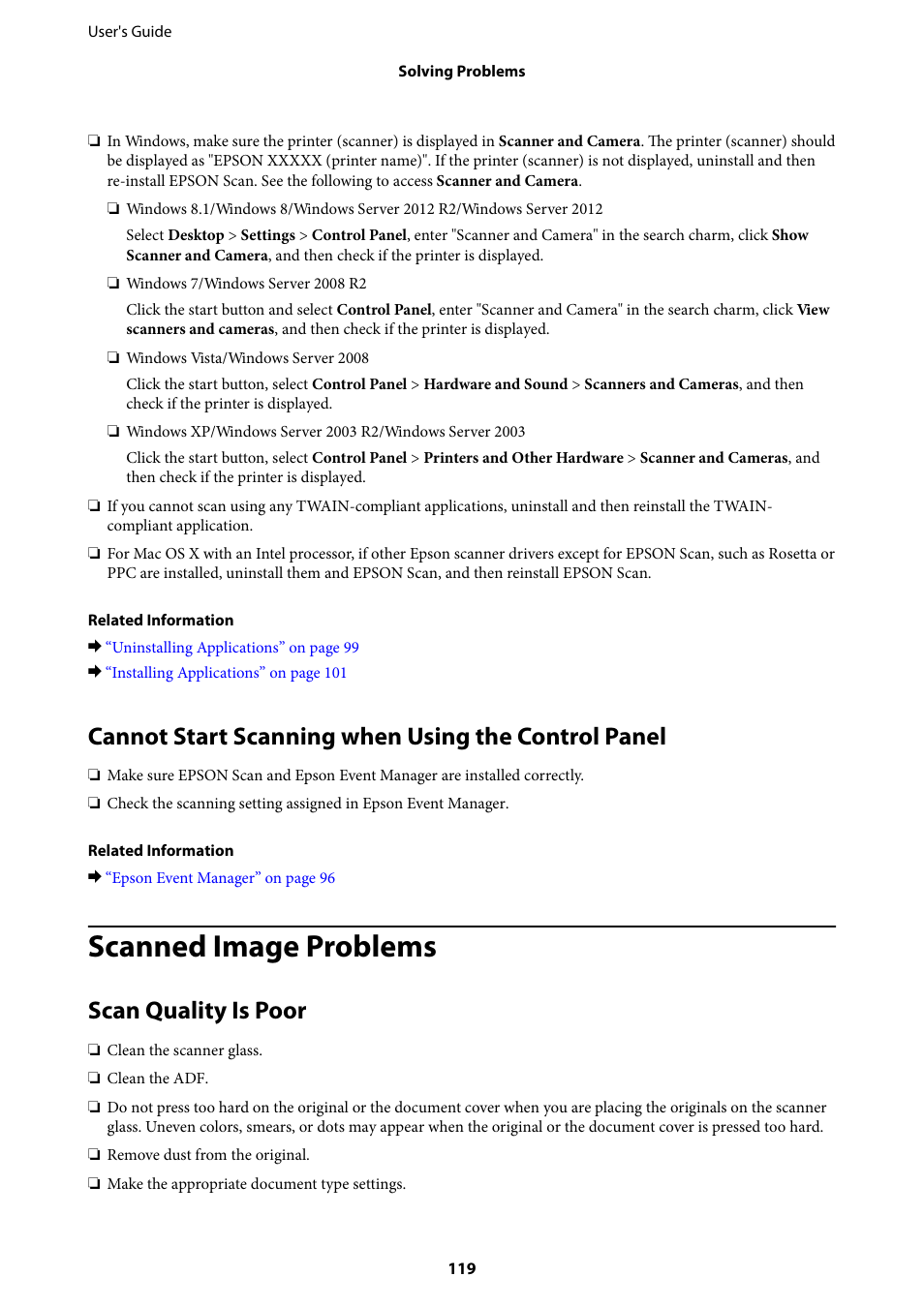 Cannot start scanning when using the control panel, Scanned image problems, Scan quality is poor | Epson EcoTank ET-4550 User Manual | Page 119 / 145
