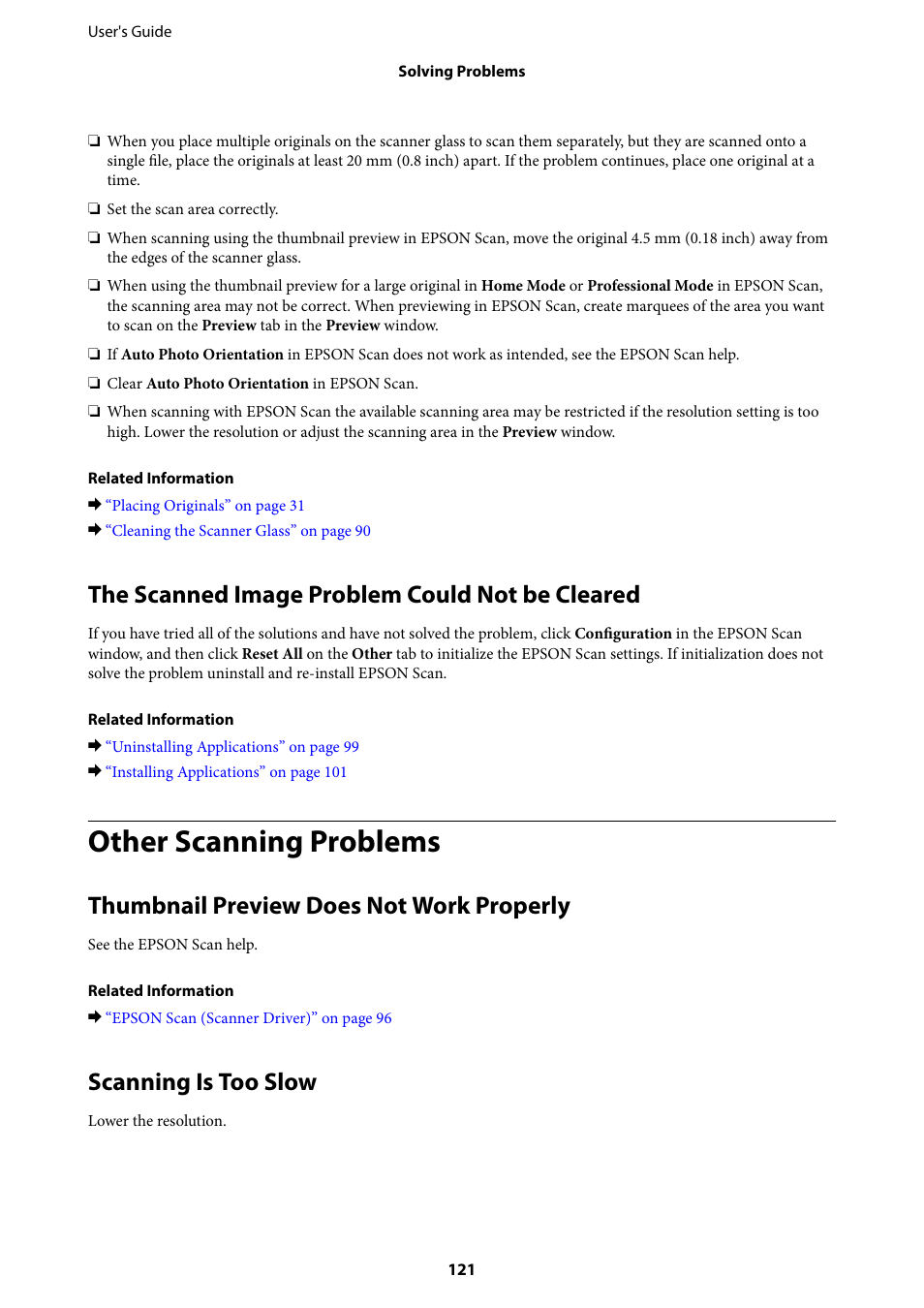 The scanned image problem could not be cleared, Other scanning problems, Thumbnail preview does not work properly | Scanning is too slow | Epson EcoTank ET-4550 User Manual | Page 121 / 145