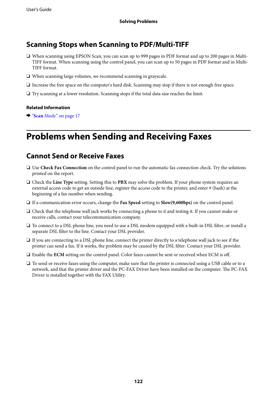Scanning stops when scanning to pdf/multi-tiff, Problems when sending and receiving faxes, Cannot send or receive faxes | Scanning stops when scanning to pdf/ multi-tiff | Epson EcoTank ET-4550 User Manual | Page 122 / 145