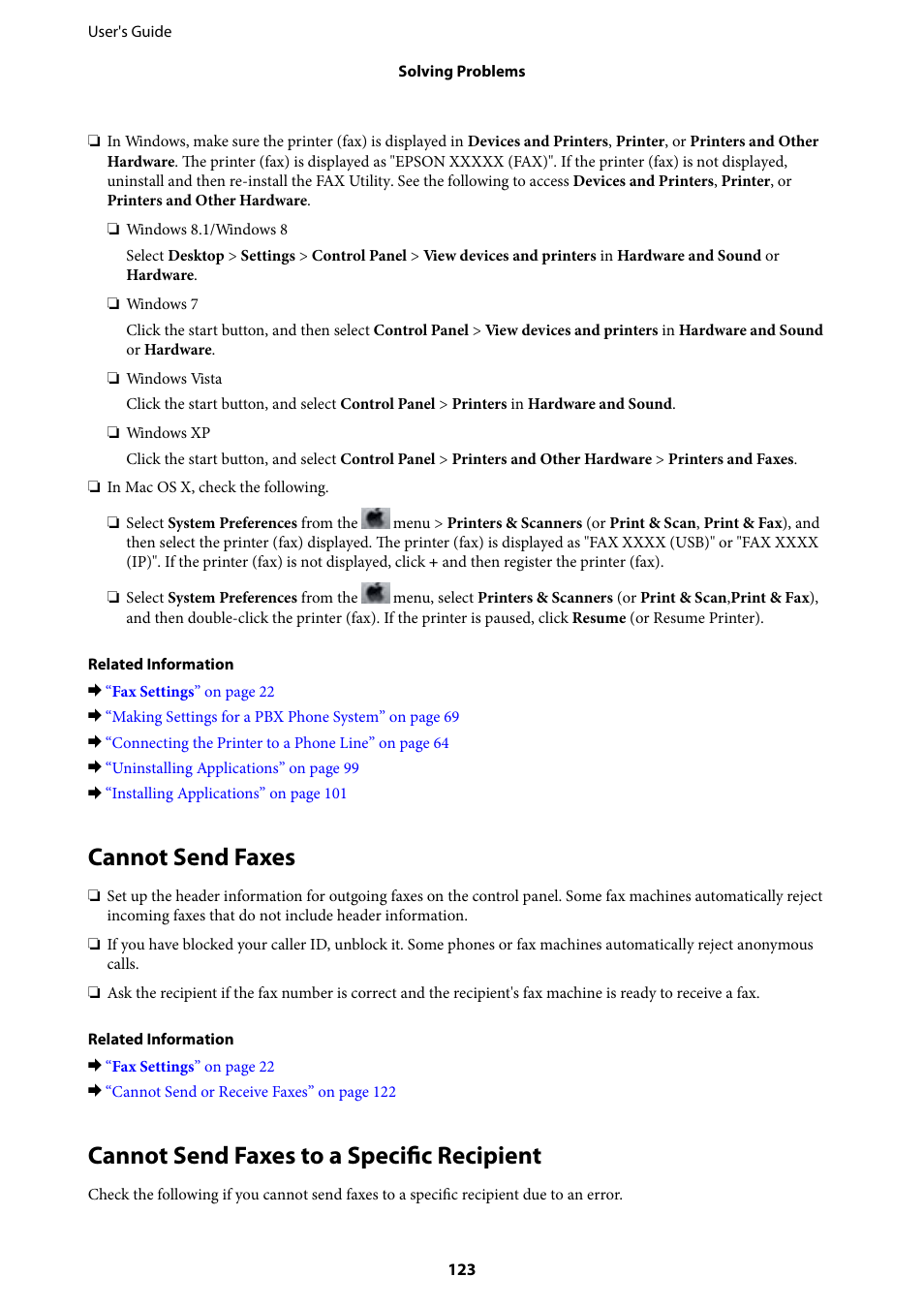 Cannot send faxes, Cannot send faxes to a specific recipient | Epson EcoTank ET-4550 User Manual | Page 123 / 145