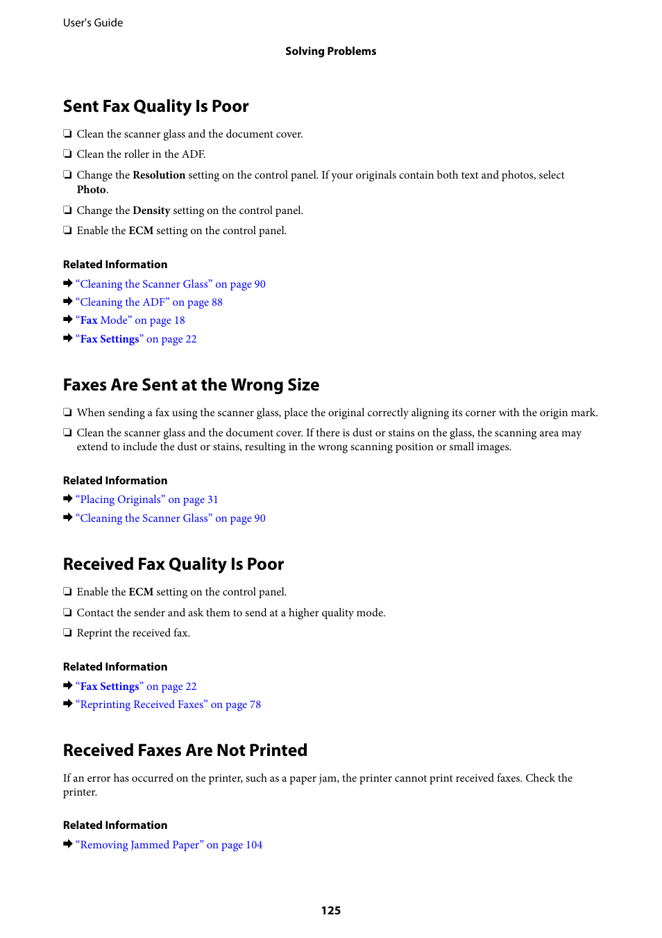 Sent fax quality is poor, Faxes are sent at the wrong size, Received fax quality is poor | Received faxes are not printed | Epson EcoTank ET-4550 User Manual | Page 125 / 145