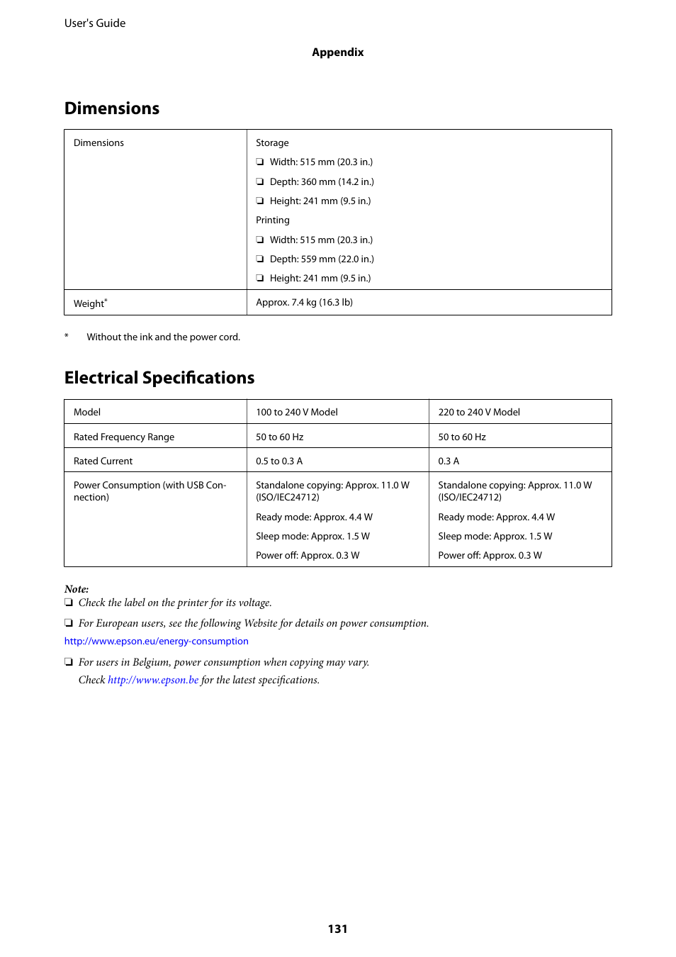 Dimensions, Electrical specifications, Dimensions electrical specifications | Epson EcoTank ET-4550 User Manual | Page 131 / 145