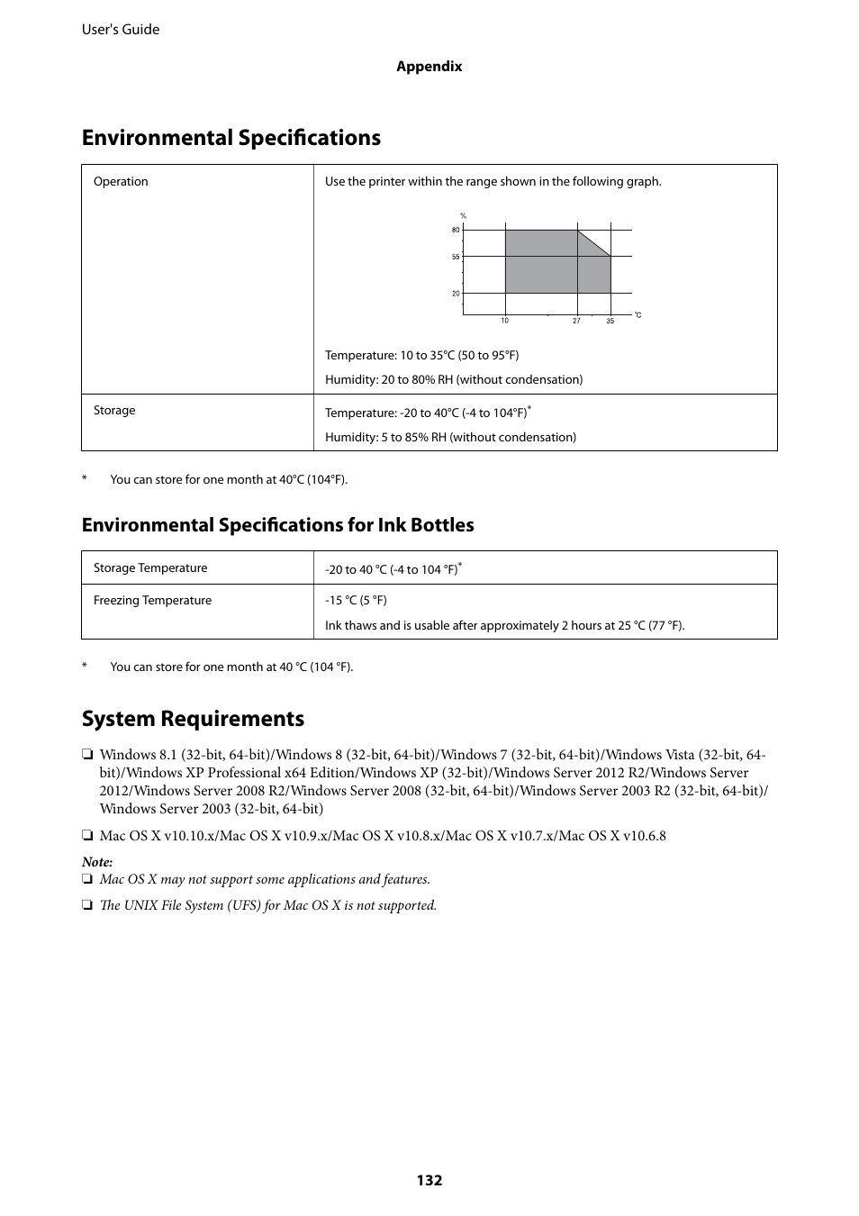 Environmental specifications, System requirements, Environmental specifications system requirements | Environmental specifications for ink bottles | Epson EcoTank ET-4550 User Manual | Page 132 / 145