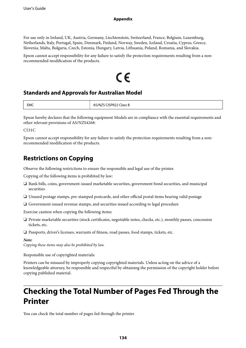 Restrictions on copying, Standards and approvals for australian model | Epson EcoTank ET-4550 User Manual | Page 134 / 145