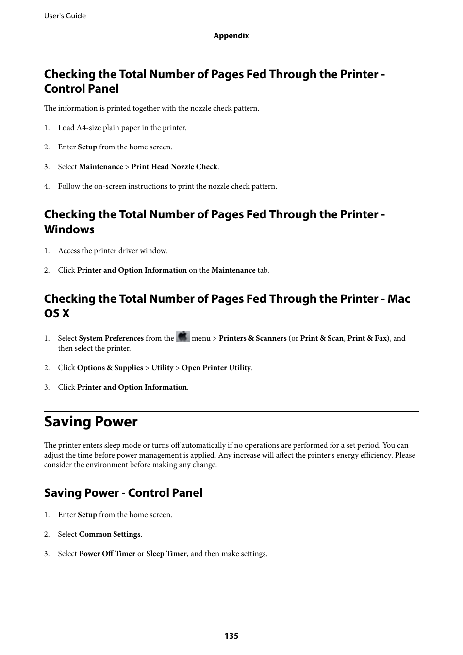 Saving power, Saving power - control panel | Epson EcoTank ET-4550 User Manual | Page 135 / 145