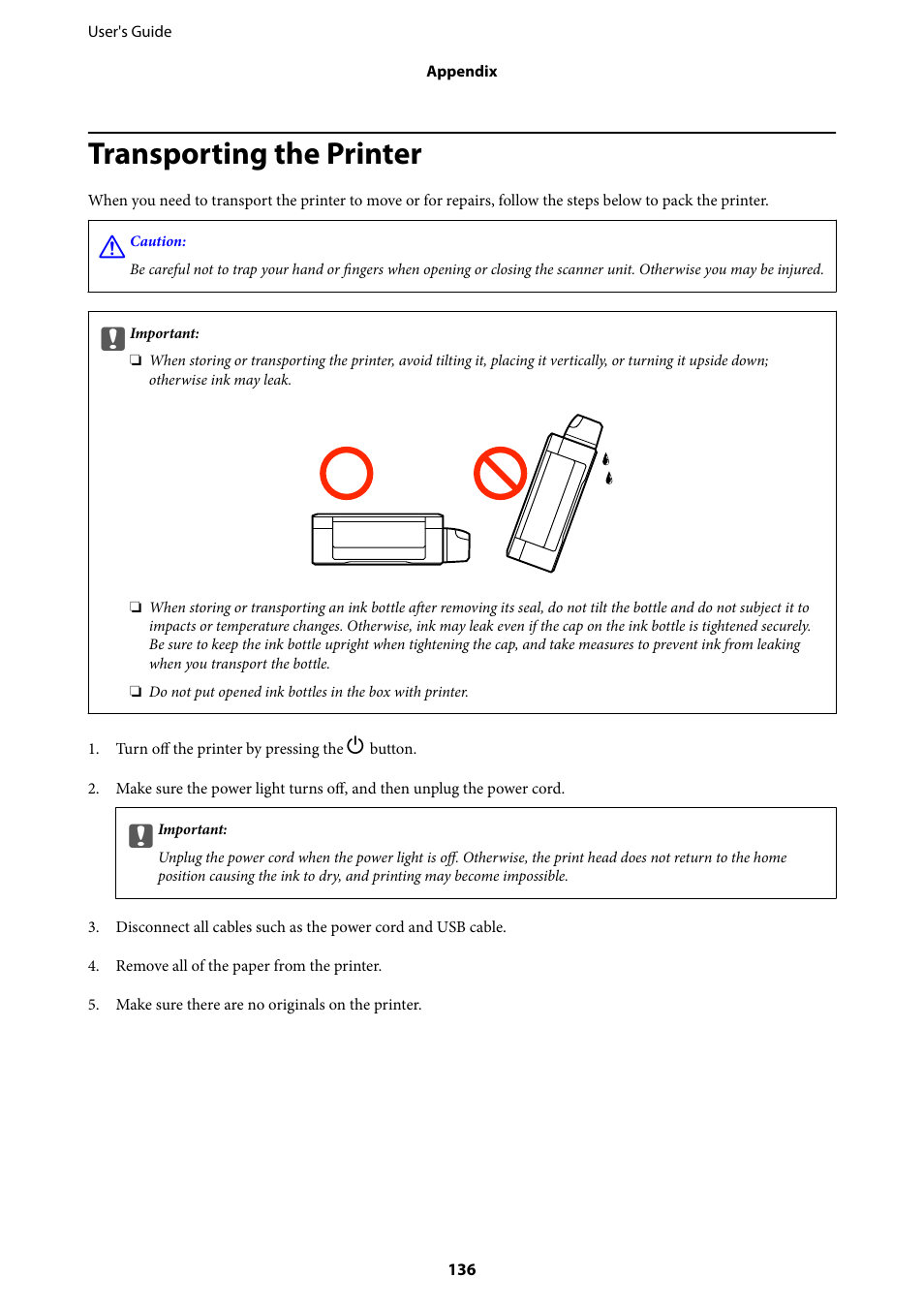Transporting the printer | Epson EcoTank ET-4550 User Manual | Page 136 / 145