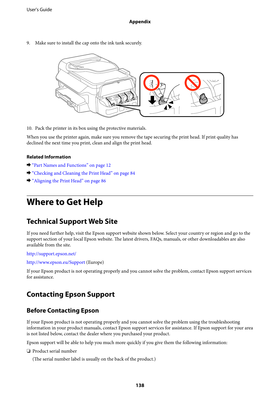 Where to get help, Technical support web site, Contacting epson support | Before contacting epson | Epson EcoTank ET-4550 User Manual | Page 138 / 145