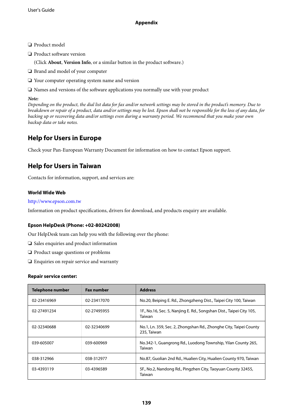 Help for users in europe, Help for users in taiwan | Epson EcoTank ET-4550 User Manual | Page 139 / 145