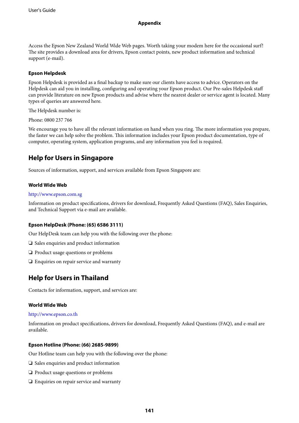 Help for users in singapore, Help for users in thailand | Epson EcoTank ET-4550 User Manual | Page 141 / 145