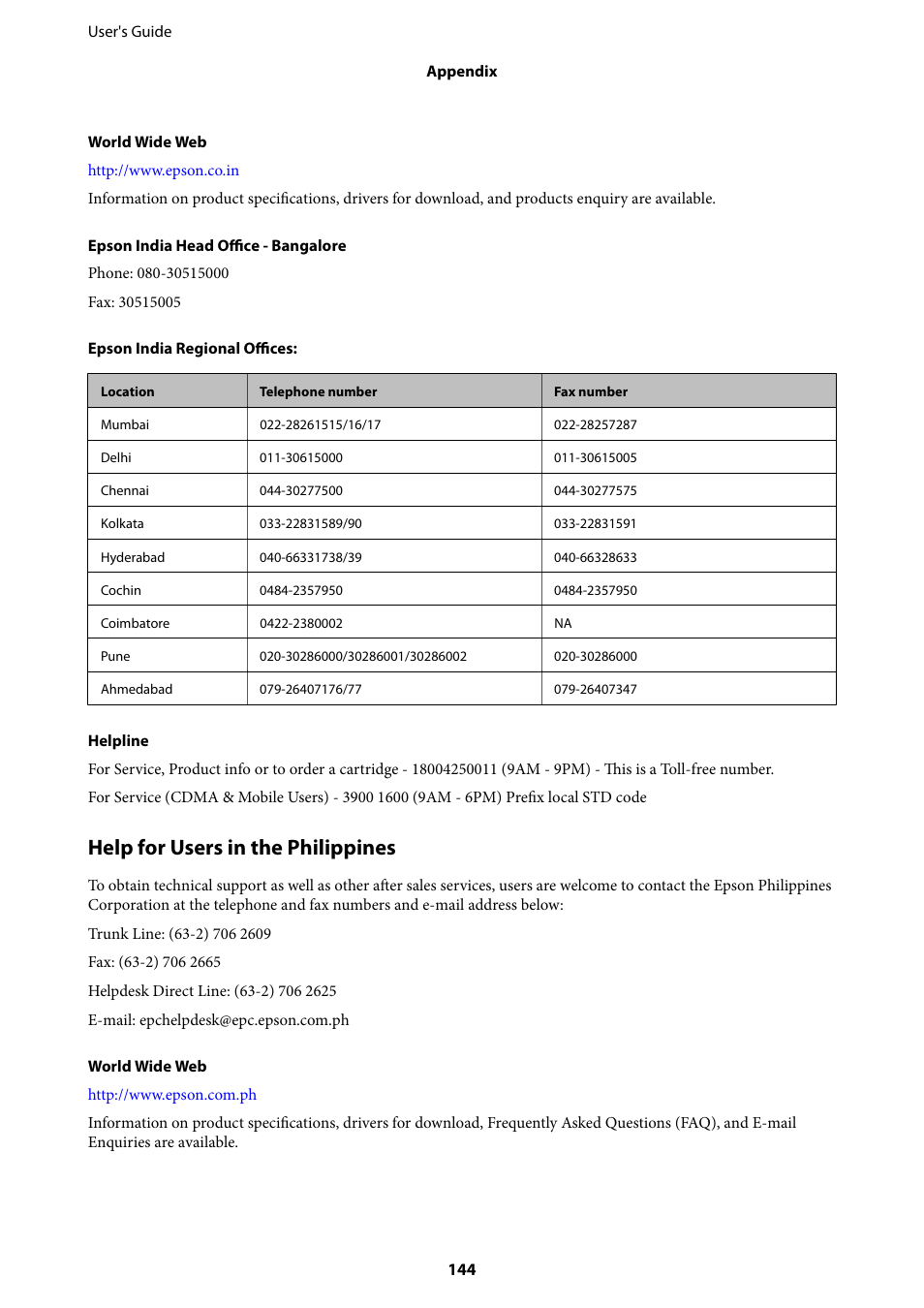 Help for users in the philippines | Epson EcoTank ET-4550 User Manual | Page 144 / 145