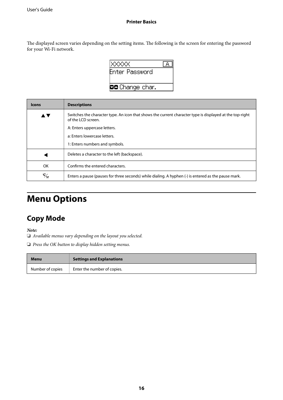 Menu options, Copy mode, Copy | Mode | Epson EcoTank ET-4550 User Manual | Page 16 / 145