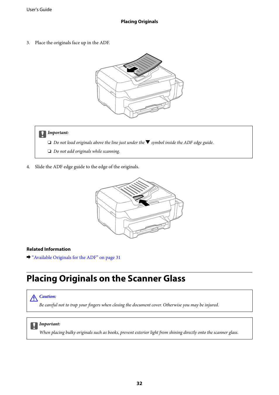 Placing originals on the scanner glass | Epson EcoTank ET-4550 User Manual | Page 32 / 145