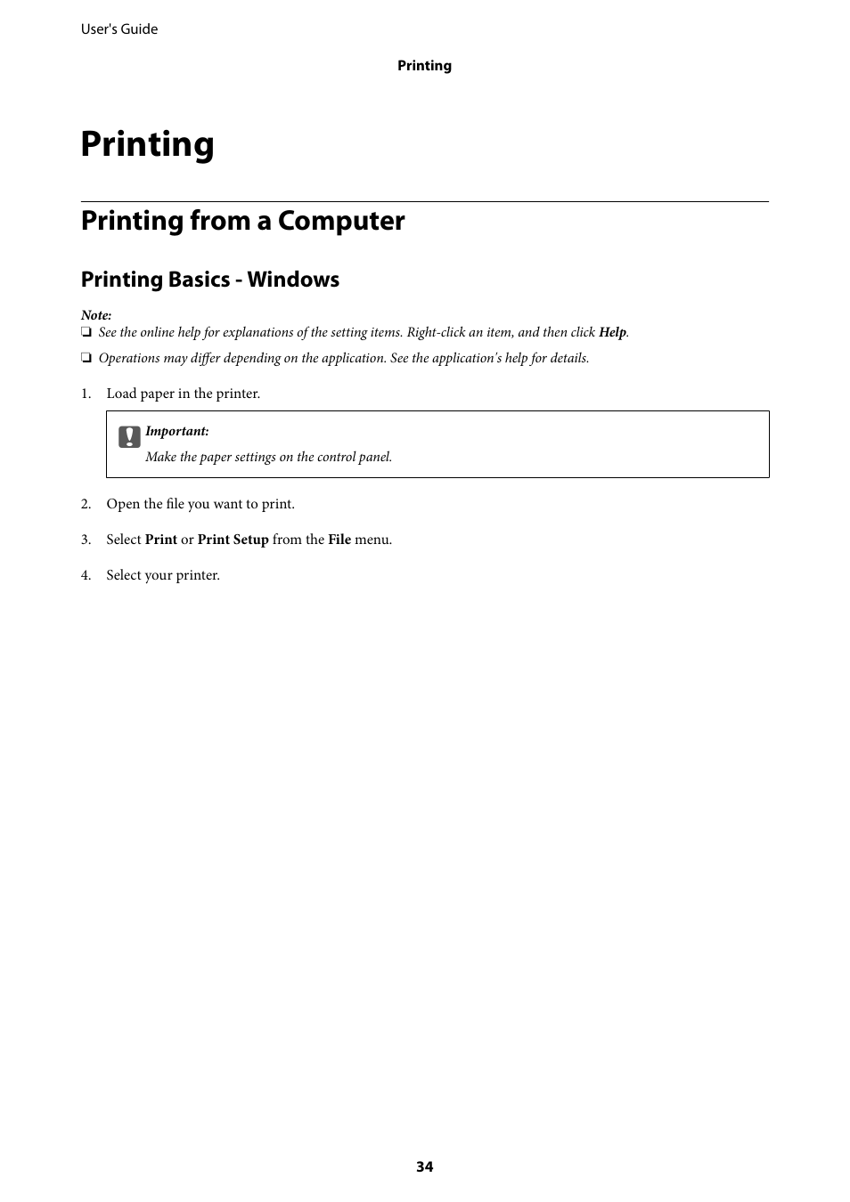 Printing, Printing from a computer, Printing basics - windows | Epson EcoTank ET-4550 User Manual | Page 34 / 145