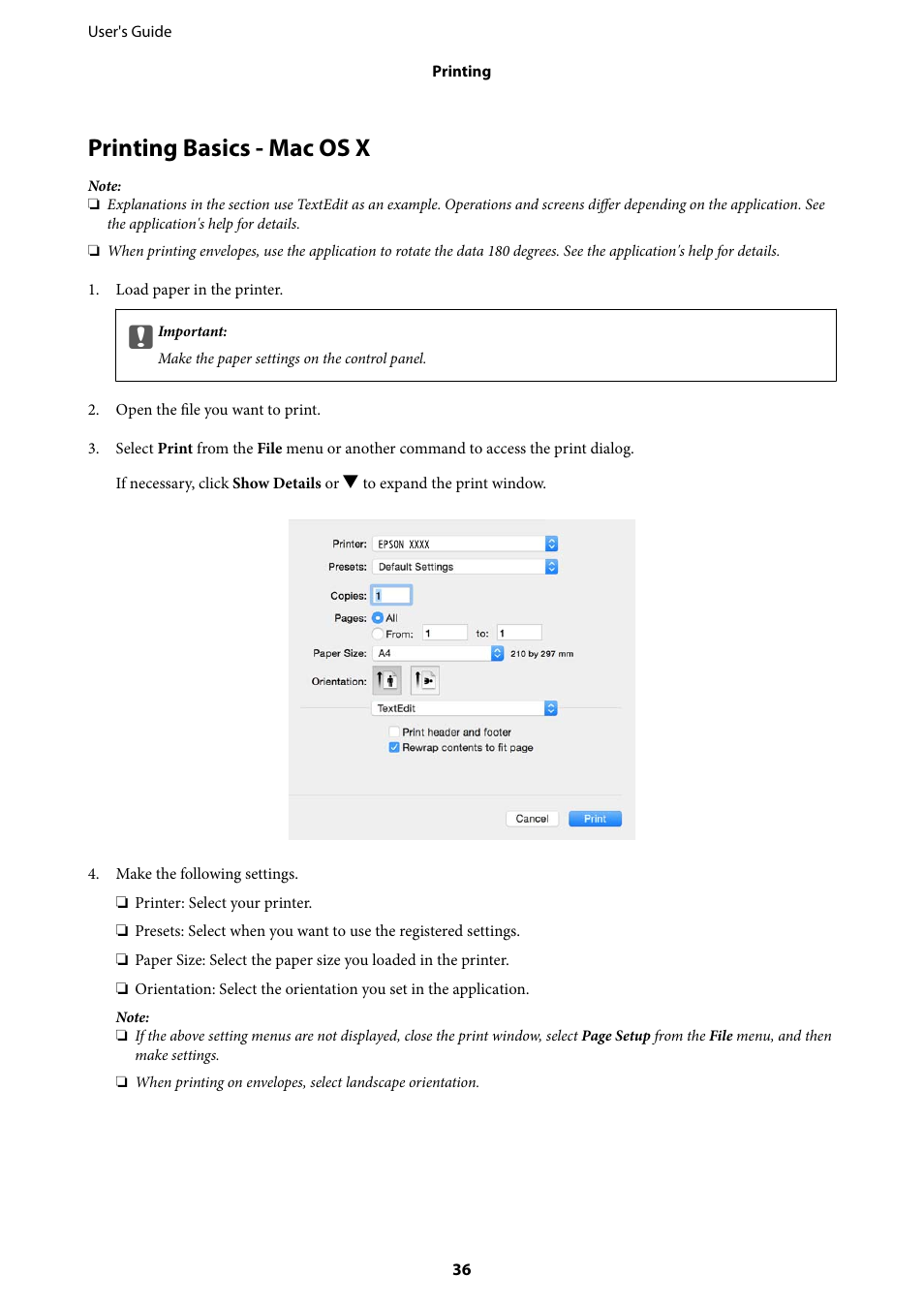 Printing basics - mac os x | Epson EcoTank ET-4550 User Manual | Page 36 / 145