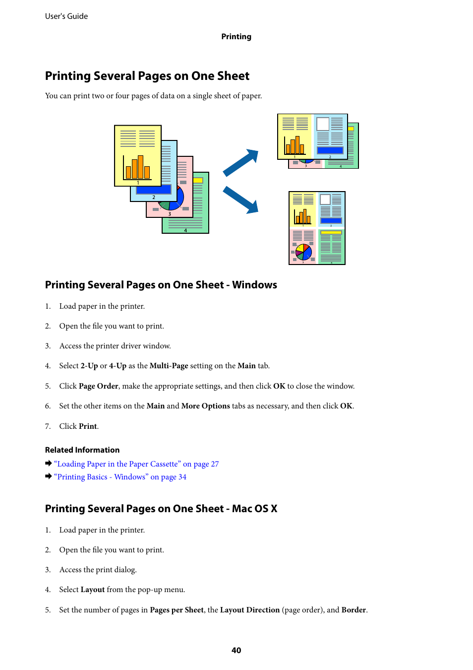 Printing several pages on one sheet, Printing several pages on one sheet - windows, Printing several pages on one sheet - mac os x | Epson EcoTank ET-4550 User Manual | Page 40 / 145