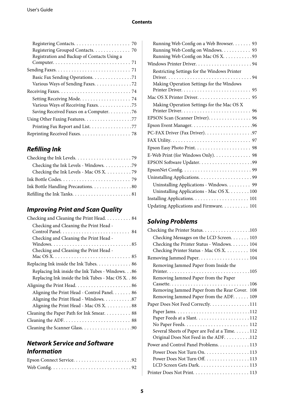 Refilling ink, Improving print and scan quality, Network service and software information | Solving problems | Epson EcoTank ET-4550 User Manual | Page 5 / 145