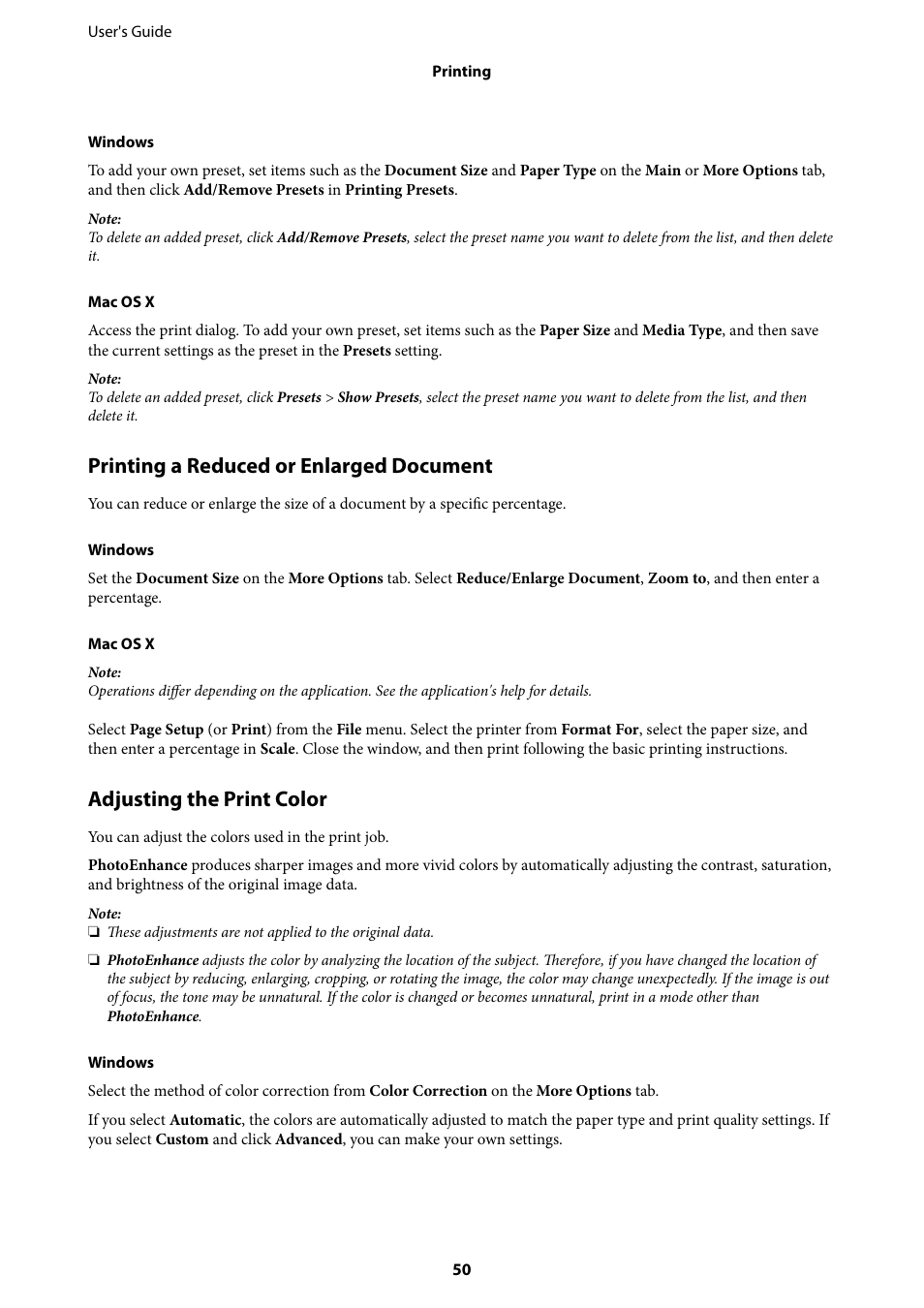 Printing a reduced or enlarged document, Adjusting the print color | Epson EcoTank ET-4550 User Manual | Page 50 / 145