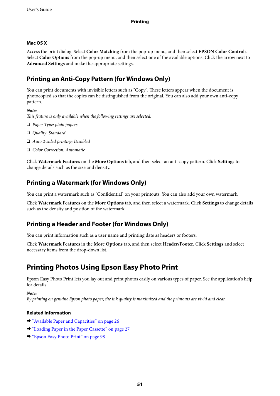 Printing photos using epson easy photo print, Printing an anti-copy pattern (for windows only), Printing a watermark (for windows only) | Printing a header and footer (for windows only) | Epson EcoTank ET-4550 User Manual | Page 51 / 145