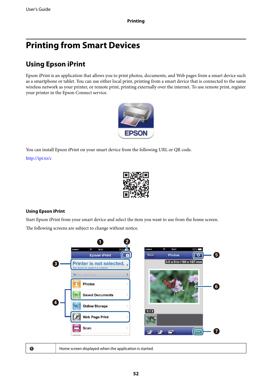 Printing from smart devices, Using epson iprint | Epson EcoTank ET-4550 User Manual | Page 52 / 145