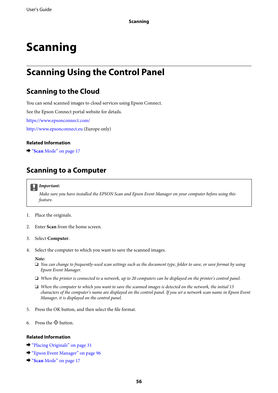 Scanning, Scanning using the control panel, Scanning to the cloud | Scanning to a computer, Scanning to the cloud scanning to a computer | Epson EcoTank ET-4550 User Manual | Page 56 / 145