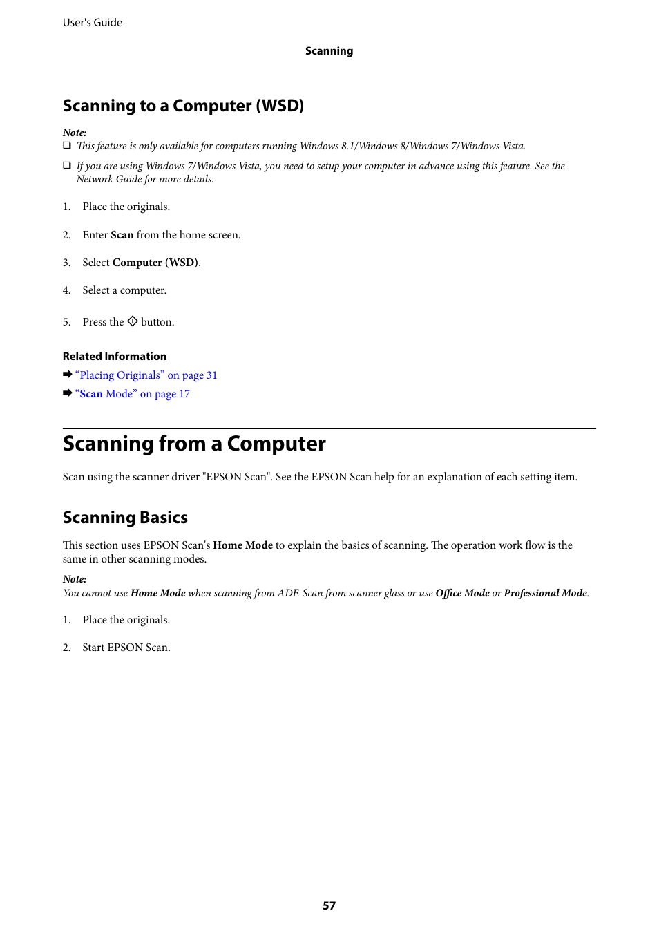 Scanning to a computer (wsd), Scanning from a computer, Scanning basics | Epson EcoTank ET-4550 User Manual | Page 57 / 145
