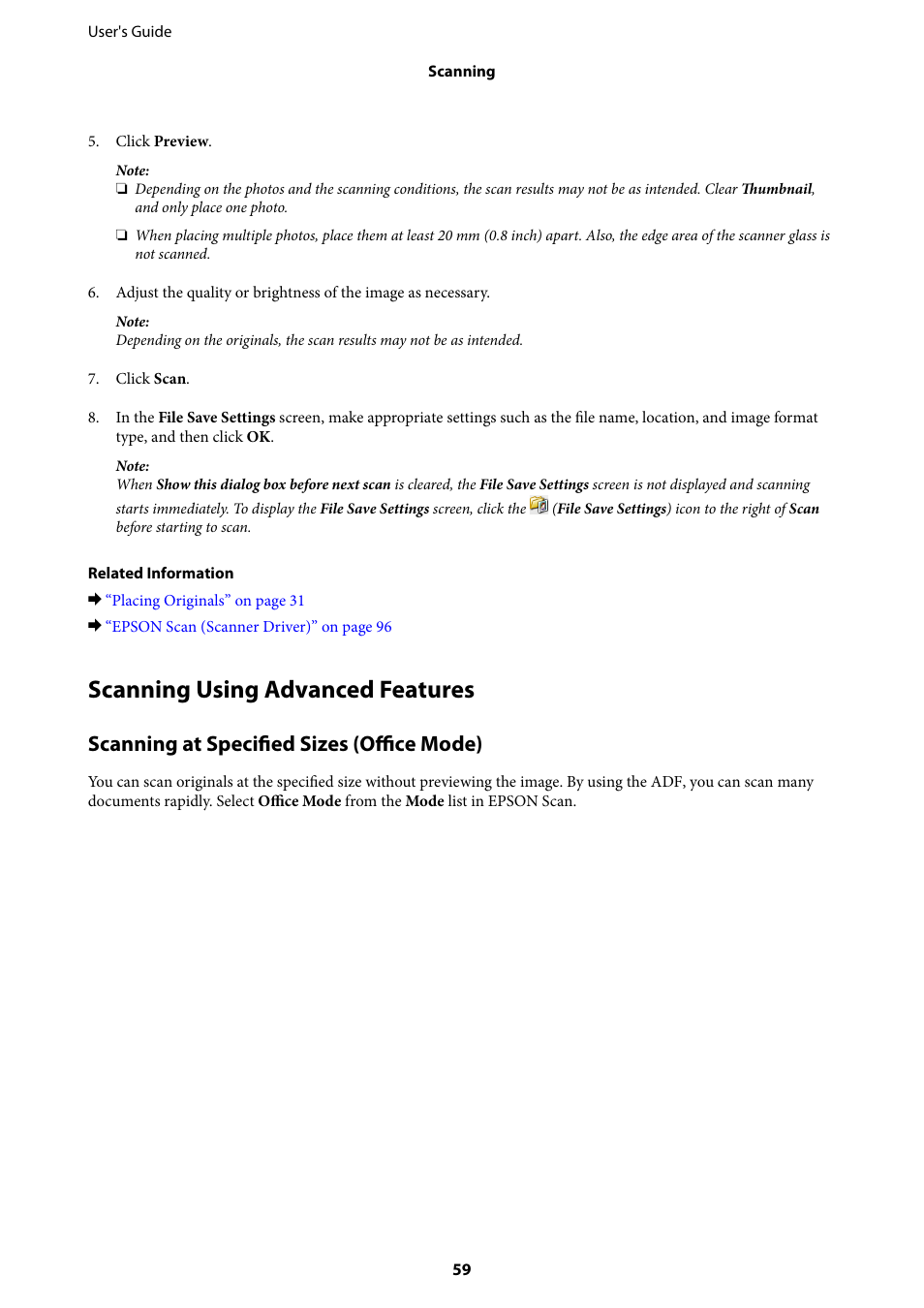 Scanning using advanced features, Scanning at specified sizes (office mode) | Epson EcoTank ET-4550 User Manual | Page 59 / 145