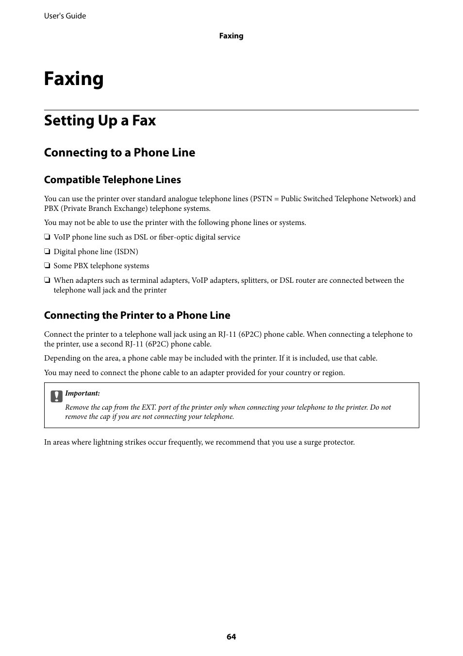 Faxing, Setting up a fax, Connecting to a phone line | Epson EcoTank ET-4550 User Manual | Page 64 / 145
