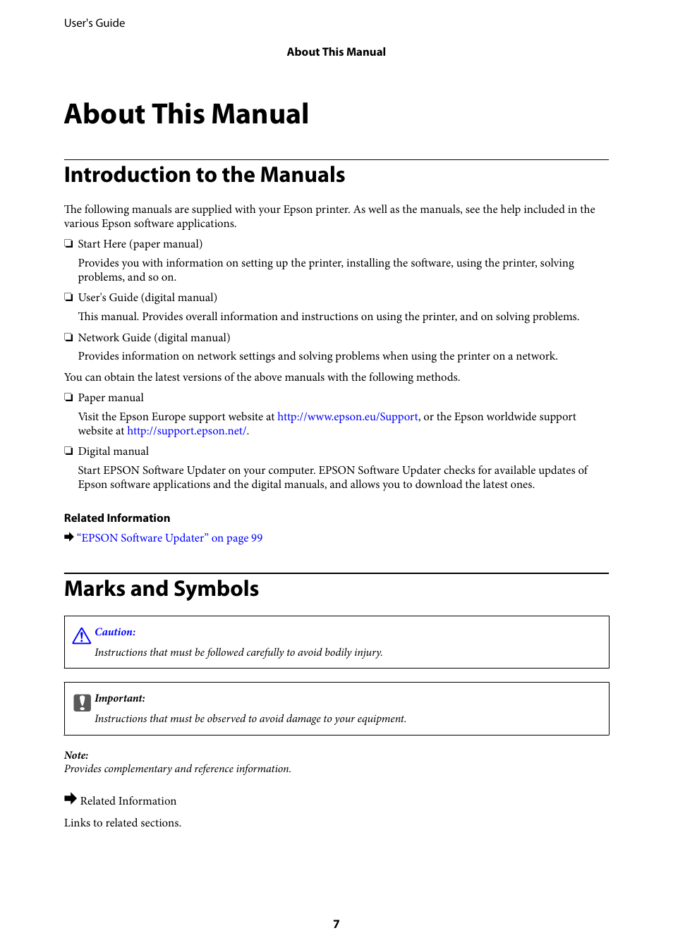 About this manual, Introduction to the manuals, Marks and symbols | Epson EcoTank ET-4550 User Manual | Page 7 / 145