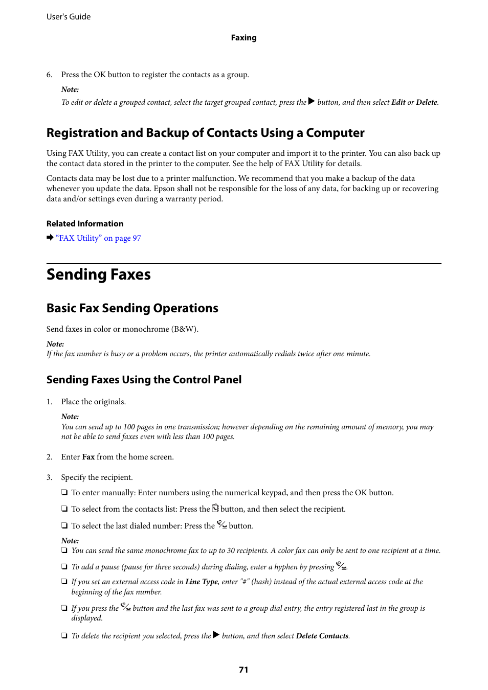 Sending faxes, Basic fax sending operations, Sending faxes using the control panel | Epson EcoTank ET-4550 User Manual | Page 71 / 145